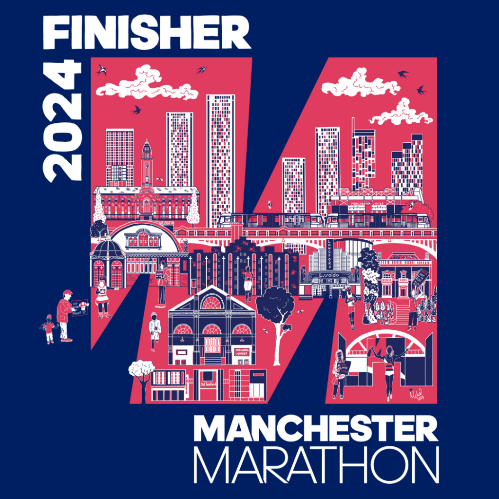 Manchester Marathon finisher tee design featuring buildings in Greater Manchester, supporters, trams, city skyline and more.